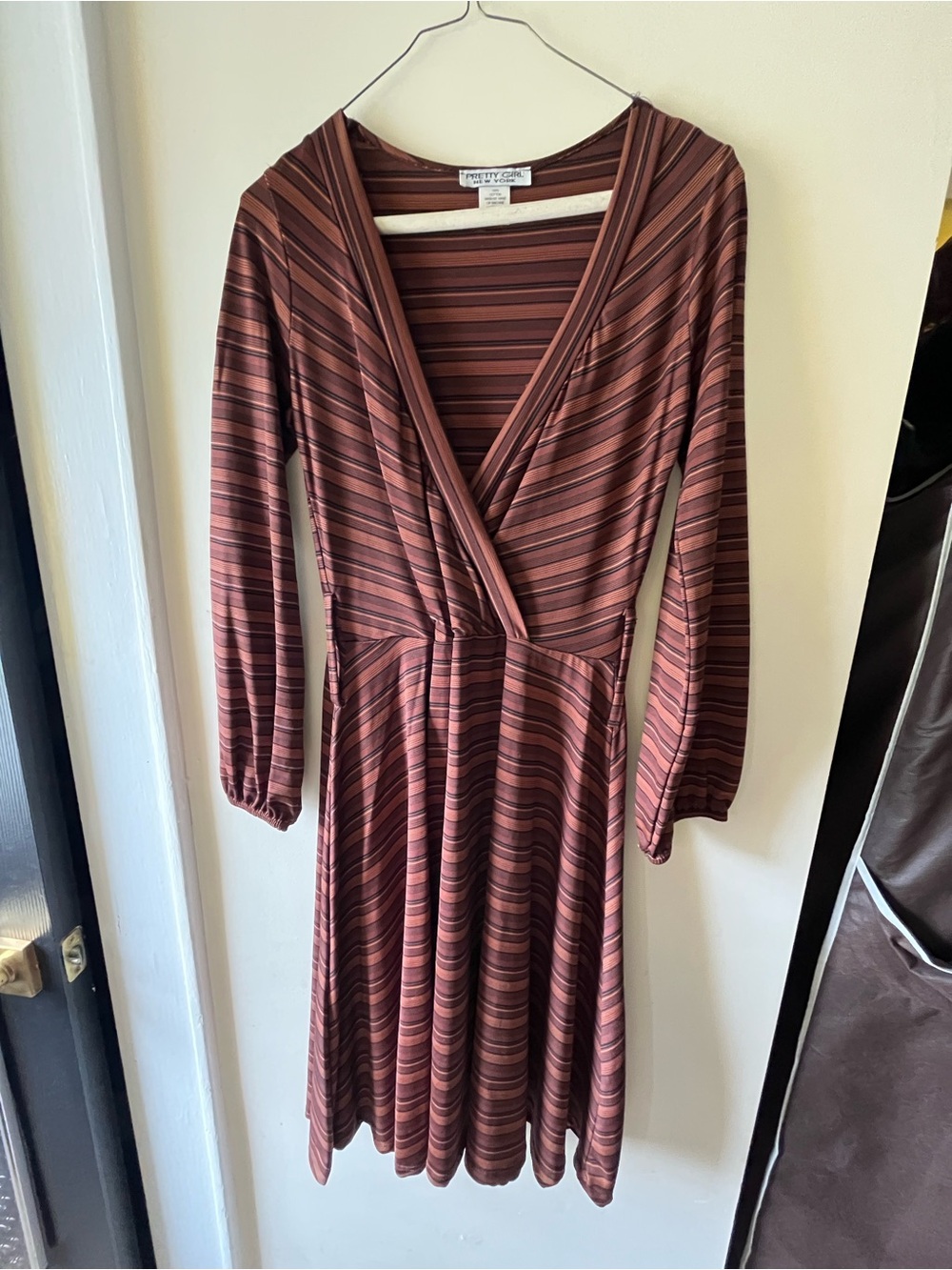 Striped Long-Sleeve Wrap Dress in Deep Brown